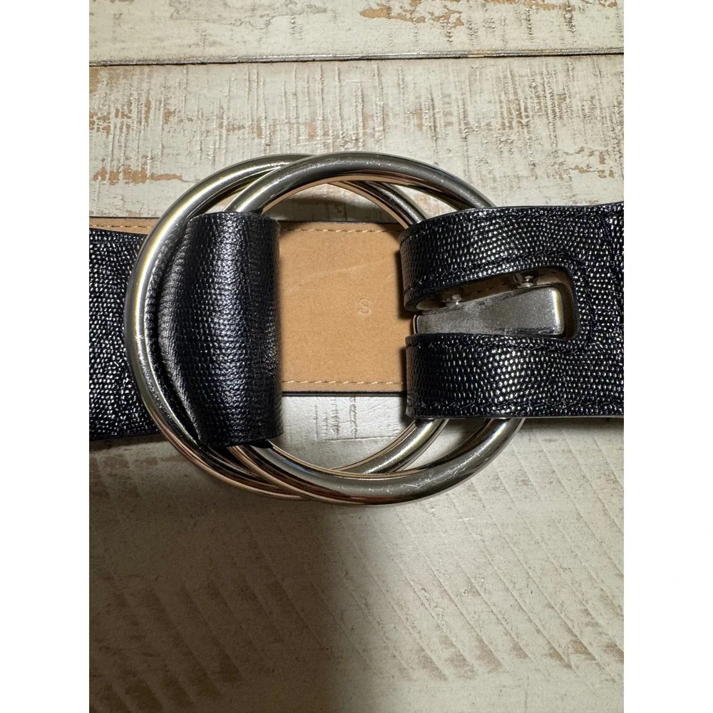 Ann Taylor Womens Black Lizard Embossed Wide Waist Belt Silver Double Ring S